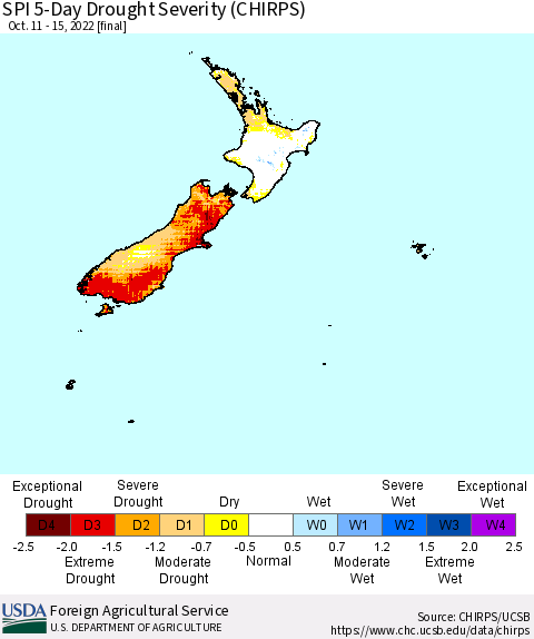 New Zealand SPI 5-Day Drought Severity (CHIRPS) Thematic Map For 10/11/2022 - 10/15/2022