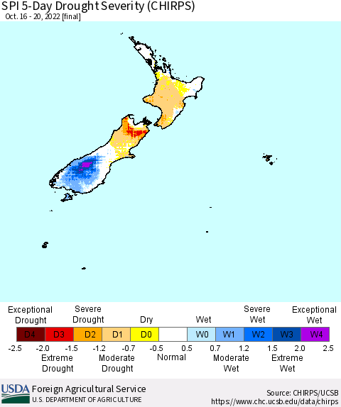 New Zealand SPI 5-Day Drought Severity (CHIRPS) Thematic Map For 10/16/2022 - 10/20/2022