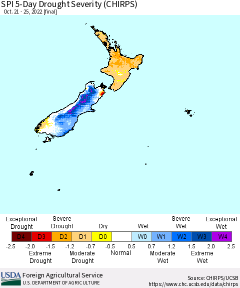 New Zealand SPI 5-Day Drought Severity (CHIRPS) Thematic Map For 10/21/2022 - 10/25/2022