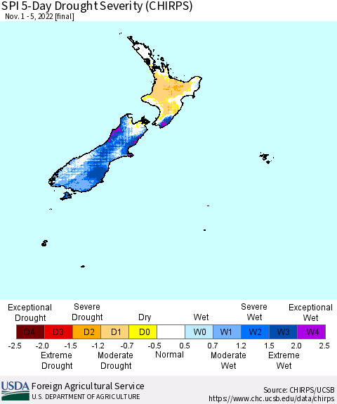 New Zealand SPI 5-Day Drought Severity (CHIRPS) Thematic Map For 11/1/2022 - 11/5/2022