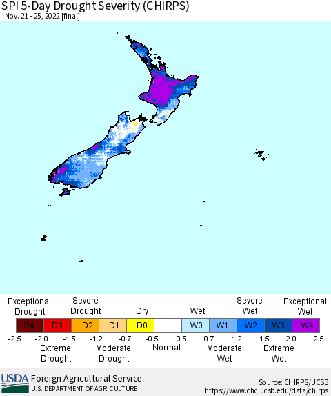 New Zealand SPI 5-Day Drought Severity (CHIRPS) Thematic Map For 11/21/2022 - 11/25/2022