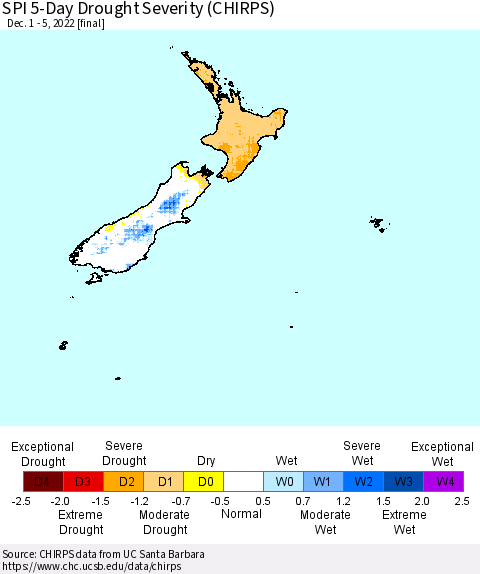New Zealand SPI 5-Day Drought Severity (CHIRPS) Thematic Map For 12/1/2022 - 12/5/2022