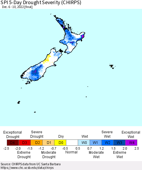 New Zealand SPI 5-Day Drought Severity (CHIRPS) Thematic Map For 12/6/2022 - 12/10/2022