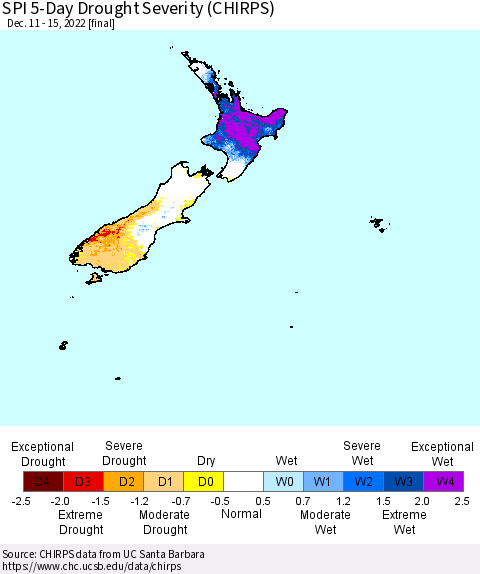 New Zealand SPI 5-Day Drought Severity (CHIRPS) Thematic Map For 12/11/2022 - 12/15/2022