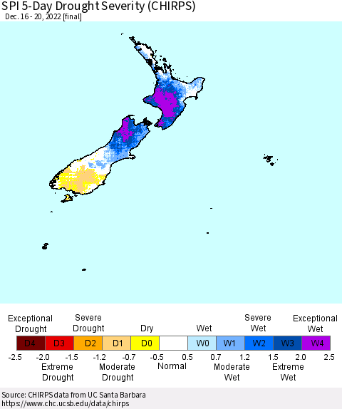 New Zealand SPI 5-Day Drought Severity (CHIRPS) Thematic Map For 12/16/2022 - 12/20/2022