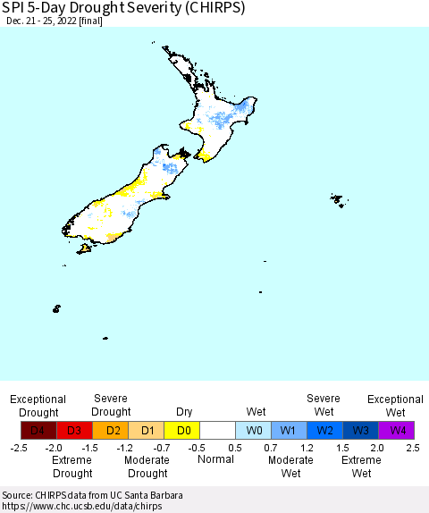 New Zealand SPI 5-Day Drought Severity (CHIRPS) Thematic Map For 12/21/2022 - 12/25/2022