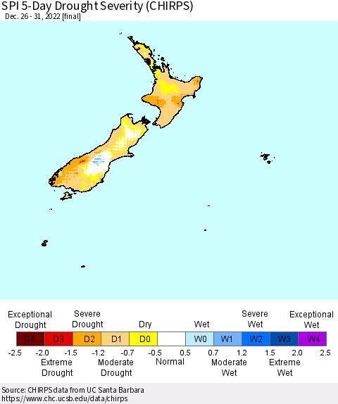 New Zealand SPI 5-Day Drought Severity (CHIRPS) Thematic Map For 12/26/2022 - 12/31/2022