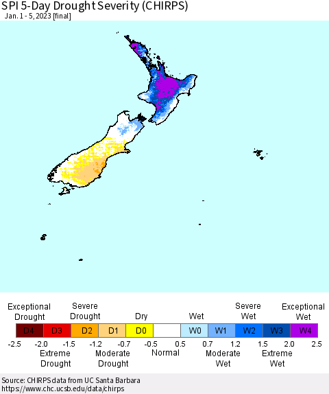 New Zealand SPI 5-Day Drought Severity (CHIRPS) Thematic Map For 1/1/2023 - 1/5/2023