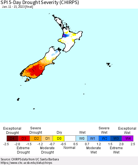 New Zealand SPI 5-Day Drought Severity (CHIRPS) Thematic Map For 1/11/2023 - 1/15/2023