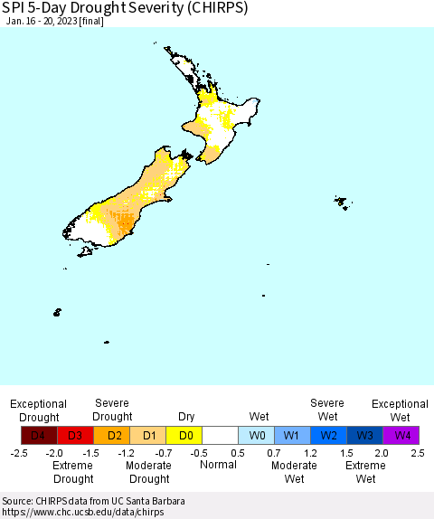 New Zealand SPI 5-Day Drought Severity (CHIRPS) Thematic Map For 1/16/2023 - 1/20/2023