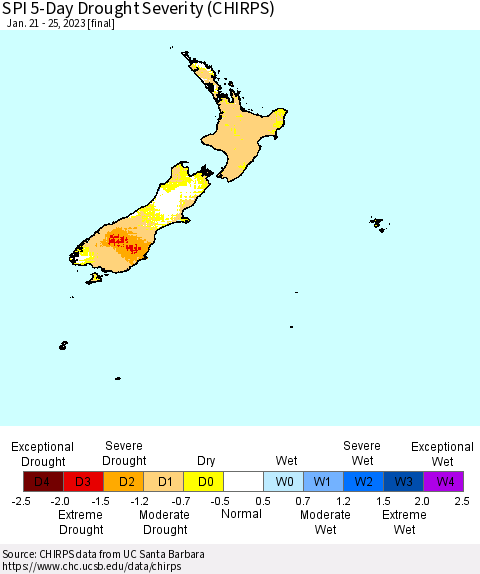 New Zealand SPI 5-Day Drought Severity (CHIRPS) Thematic Map For 1/21/2023 - 1/25/2023