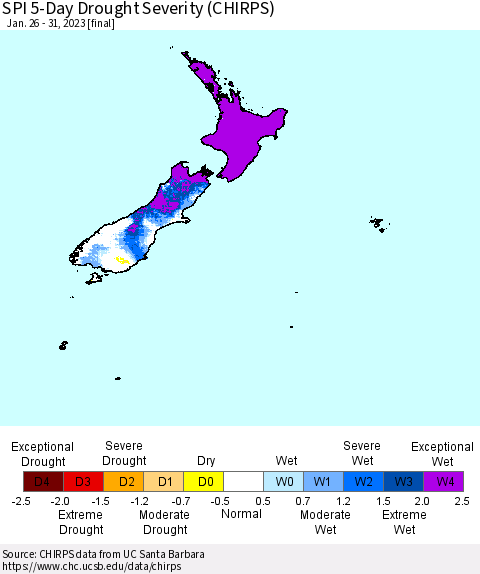 New Zealand SPI 5-Day Drought Severity (CHIRPS) Thematic Map For 1/26/2023 - 1/31/2023