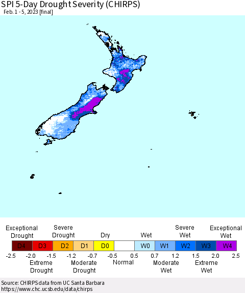 New Zealand SPI 5-Day Drought Severity (CHIRPS) Thematic Map For 2/1/2023 - 2/5/2023