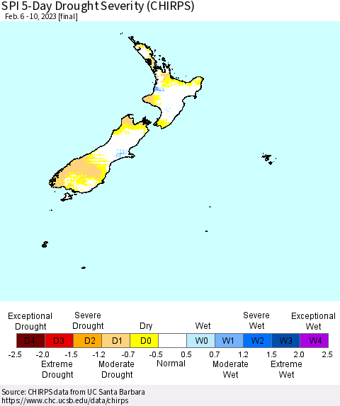 New Zealand SPI 5-Day Drought Severity (CHIRPS) Thematic Map For 2/6/2023 - 2/10/2023