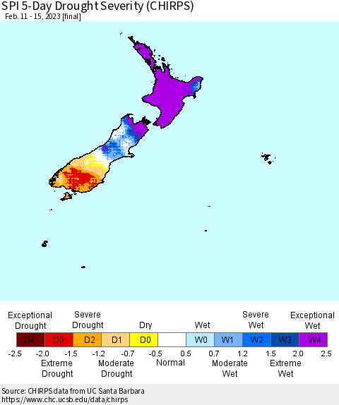 New Zealand SPI 5-Day Drought Severity (CHIRPS) Thematic Map For 2/11/2023 - 2/15/2023