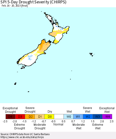 New Zealand SPI 5-Day Drought Severity (CHIRPS) Thematic Map For 2/16/2023 - 2/20/2023