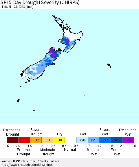 New Zealand SPI 5-Day Drought Severity (CHIRPS) Thematic Map For 2/21/2023 - 2/25/2023