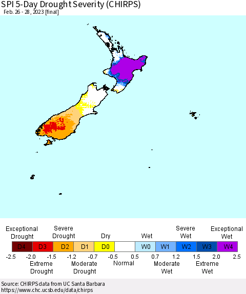 New Zealand SPI 5-Day Drought Severity (CHIRPS) Thematic Map For 2/26/2023 - 2/28/2023
