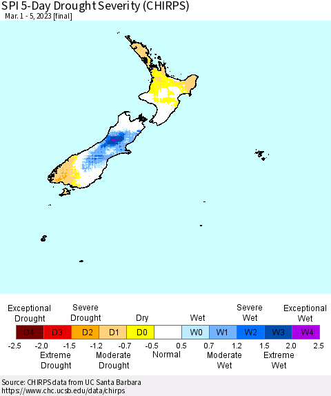 New Zealand SPI 5-Day Drought Severity (CHIRPS) Thematic Map For 3/1/2023 - 3/5/2023