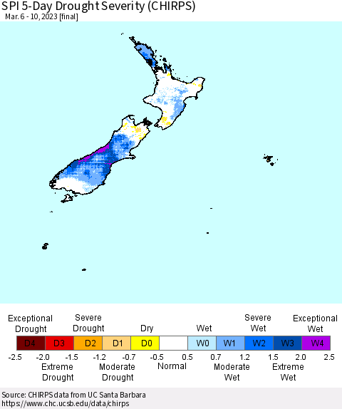 New Zealand SPI 5-Day Drought Severity (CHIRPS) Thematic Map For 3/6/2023 - 3/10/2023