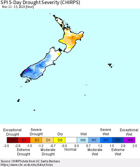 New Zealand SPI 5-Day Drought Severity (CHIRPS) Thematic Map For 3/11/2023 - 3/15/2023