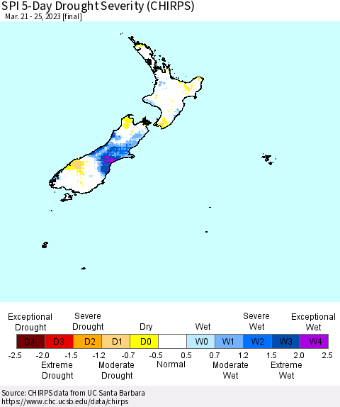 New Zealand SPI 5-Day Drought Severity (CHIRPS) Thematic Map For 3/21/2023 - 3/25/2023