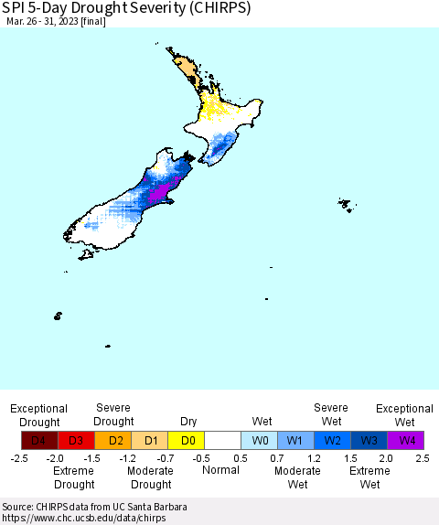 New Zealand SPI 5-Day Drought Severity (CHIRPS) Thematic Map For 3/26/2023 - 3/31/2023