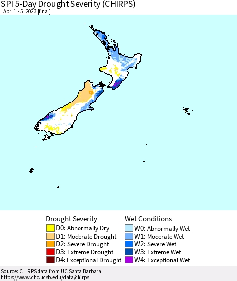 New Zealand SPI 5-Day Drought Severity (CHIRPS) Thematic Map For 4/1/2023 - 4/5/2023