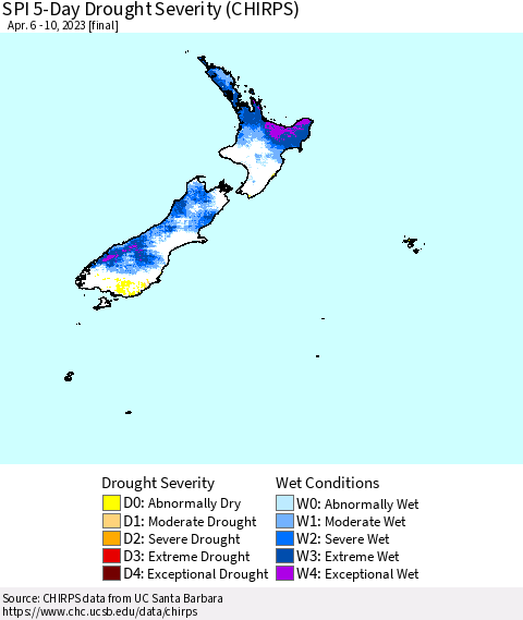 New Zealand SPI 5-Day Drought Severity (CHIRPS) Thematic Map For 4/6/2023 - 4/10/2023