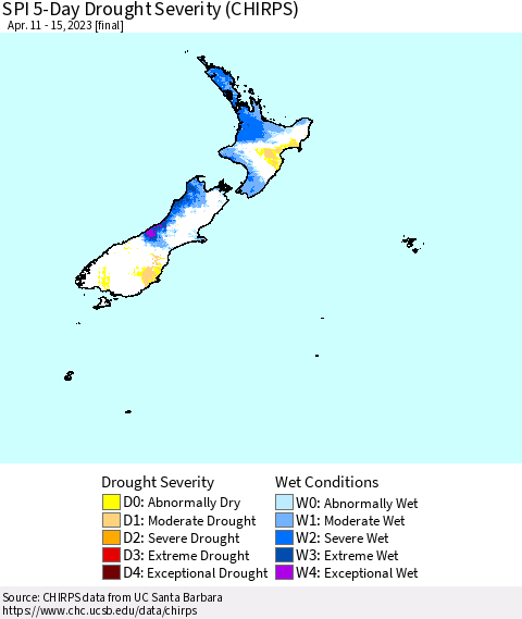 New Zealand SPI 5-Day Drought Severity (CHIRPS) Thematic Map For 4/11/2023 - 4/15/2023