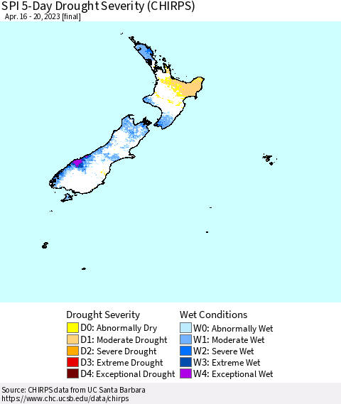 New Zealand SPI 5-Day Drought Severity (CHIRPS) Thematic Map For 4/16/2023 - 4/20/2023