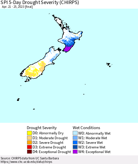 New Zealand SPI 5-Day Drought Severity (CHIRPS) Thematic Map For 4/21/2023 - 4/25/2023