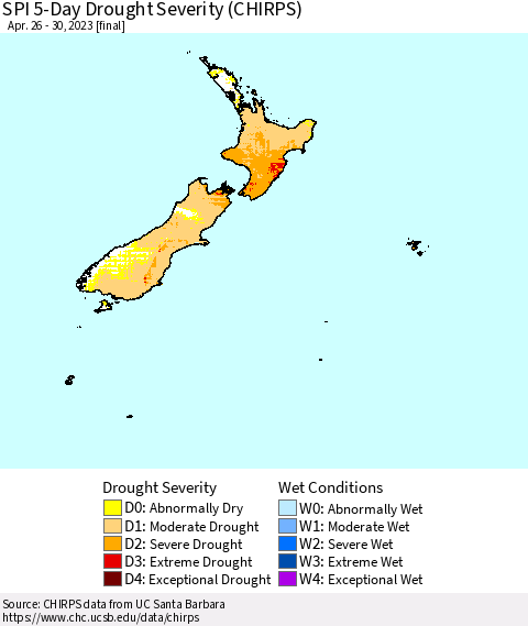 New Zealand SPI 5-Day Drought Severity (CHIRPS) Thematic Map For 4/26/2023 - 4/30/2023