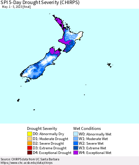 New Zealand SPI 5-Day Drought Severity (CHIRPS) Thematic Map For 5/1/2023 - 5/5/2023