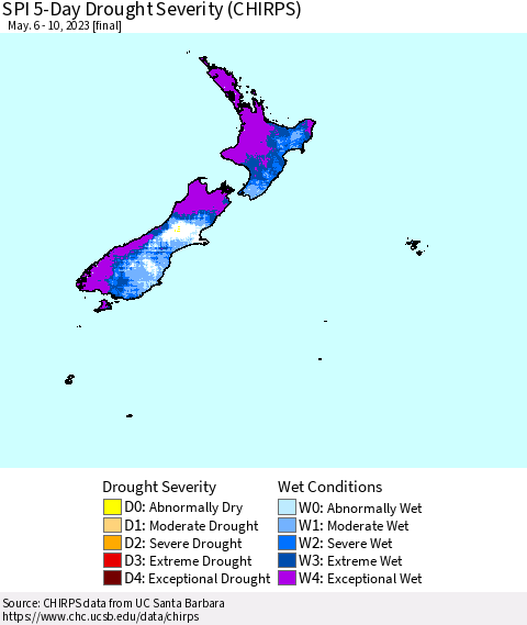 New Zealand SPI 5-Day Drought Severity (CHIRPS) Thematic Map For 5/6/2023 - 5/10/2023