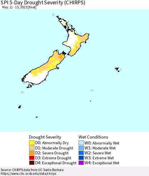 New Zealand SPI 5-Day Drought Severity (CHIRPS) Thematic Map For 5/11/2023 - 5/15/2023