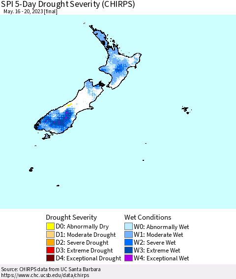 New Zealand SPI 5-Day Drought Severity (CHIRPS) Thematic Map For 5/16/2023 - 5/20/2023