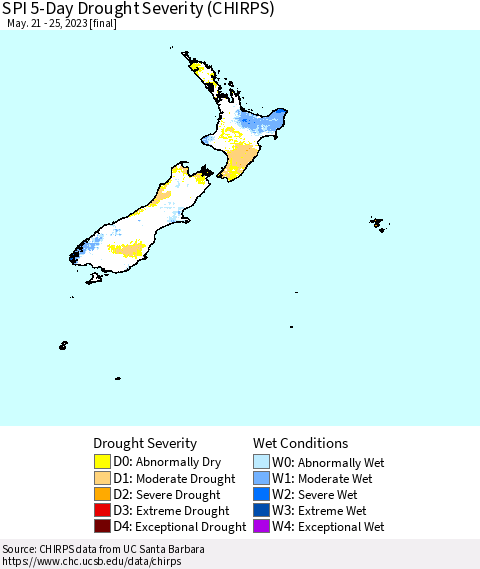 New Zealand SPI 5-Day Drought Severity (CHIRPS) Thematic Map For 5/21/2023 - 5/25/2023