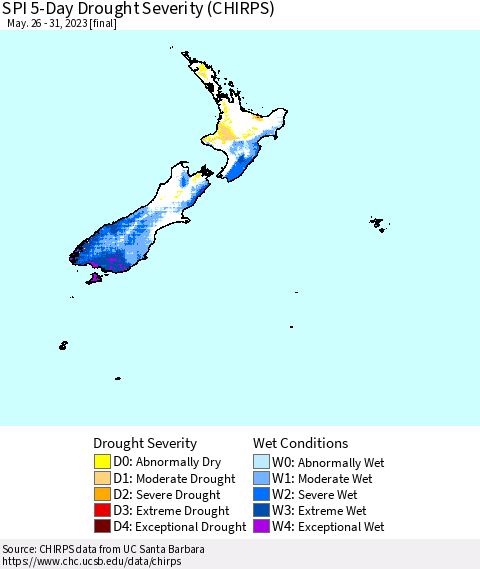 New Zealand SPI 5-Day Drought Severity (CHIRPS) Thematic Map For 5/26/2023 - 5/31/2023