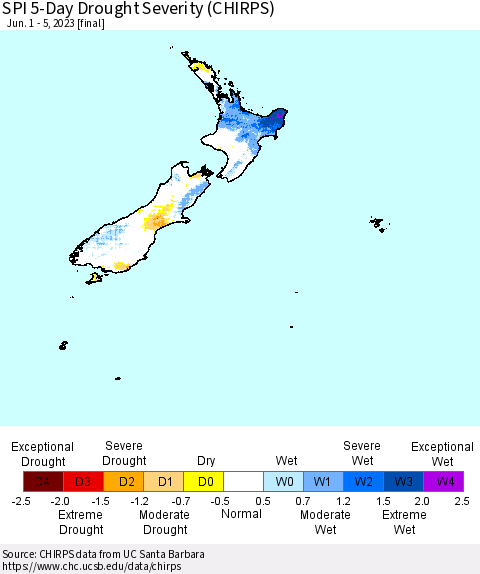 New Zealand SPI 5-Day Drought Severity (CHIRPS) Thematic Map For 6/1/2023 - 6/5/2023