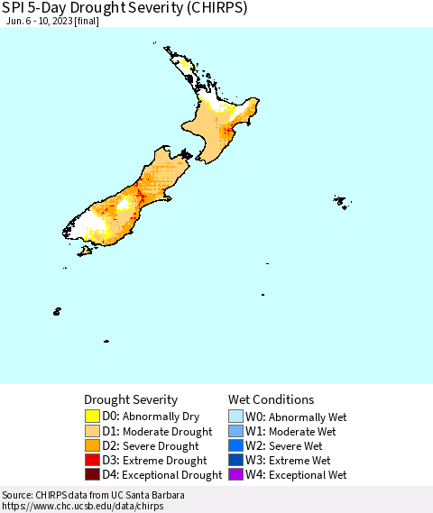 New Zealand SPI 5-Day Drought Severity (CHIRPS) Thematic Map For 6/6/2023 - 6/10/2023