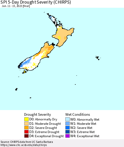 New Zealand SPI 5-Day Drought Severity (CHIRPS) Thematic Map For 6/11/2023 - 6/15/2023
