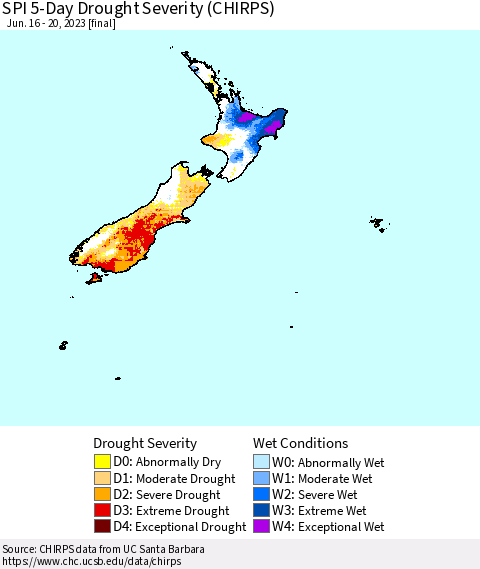 New Zealand SPI 5-Day Drought Severity (CHIRPS) Thematic Map For 6/16/2023 - 6/20/2023