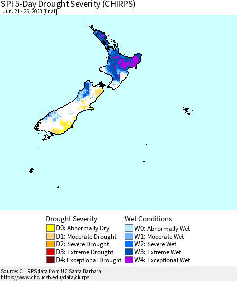 New Zealand SPI 5-Day Drought Severity (CHIRPS) Thematic Map For 6/21/2023 - 6/25/2023