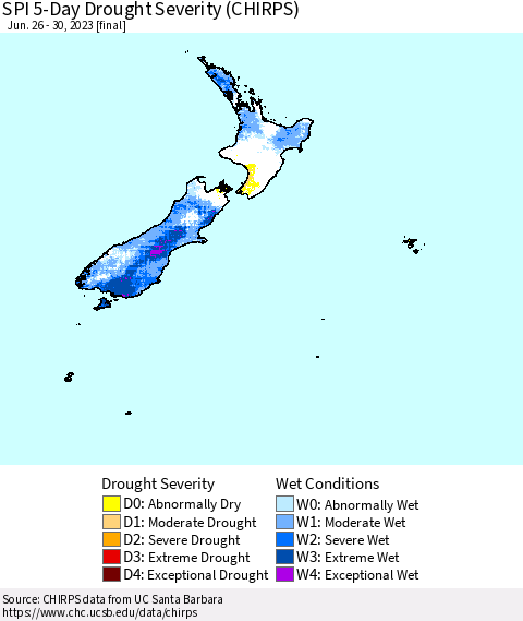 New Zealand SPI 5-Day Drought Severity (CHIRPS) Thematic Map For 6/26/2023 - 6/30/2023