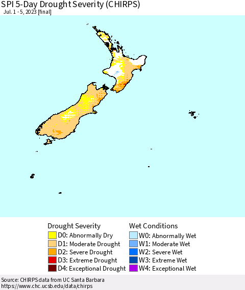 New Zealand SPI 5-Day Drought Severity (CHIRPS) Thematic Map For 7/1/2023 - 7/5/2023