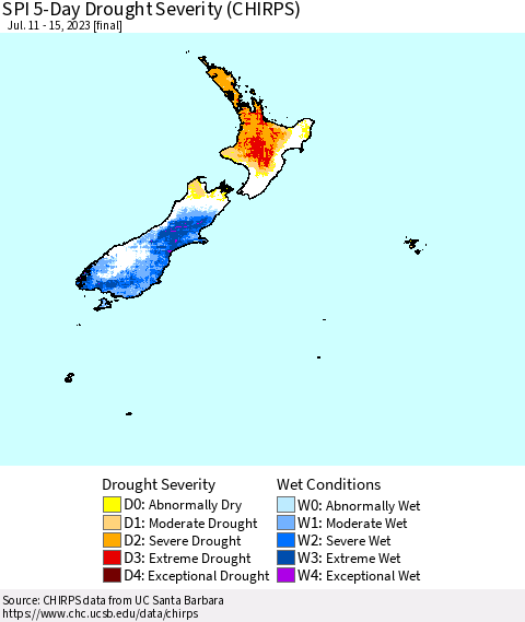 New Zealand SPI 5-Day Drought Severity (CHIRPS) Thematic Map For 7/11/2023 - 7/15/2023