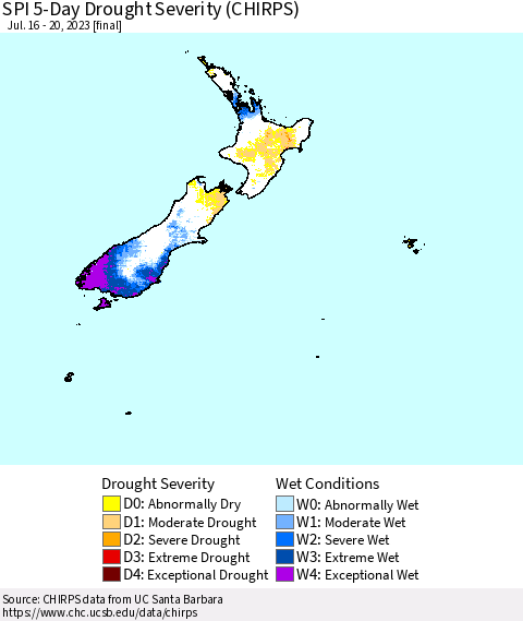 New Zealand SPI 5-Day Drought Severity (CHIRPS) Thematic Map For 7/16/2023 - 7/20/2023