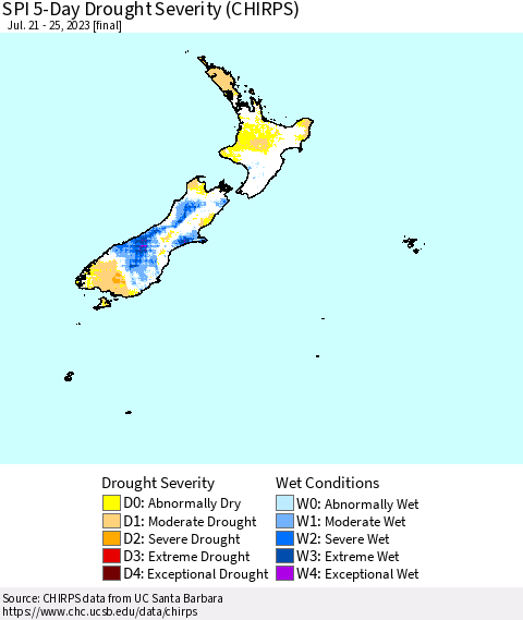 New Zealand SPI 5-Day Drought Severity (CHIRPS) Thematic Map For 7/21/2023 - 7/25/2023
