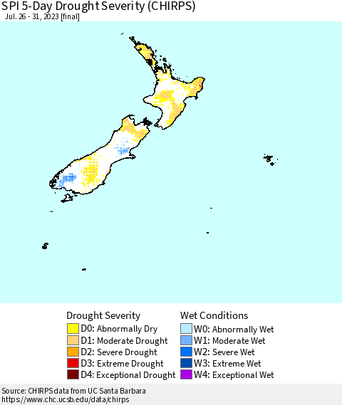 New Zealand SPI 5-Day Drought Severity (CHIRPS) Thematic Map For 7/26/2023 - 7/31/2023